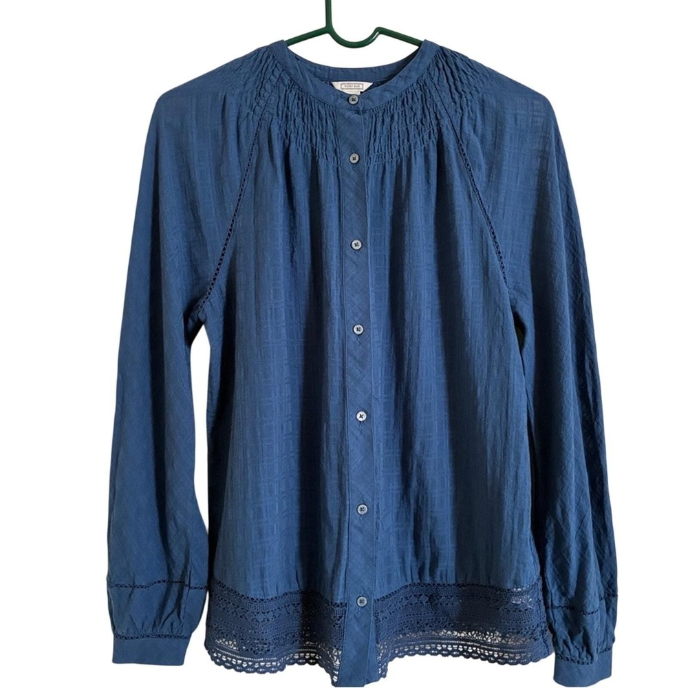 J. Crew Point Sur Blouse XXS Blue Smocking Lace trim Clean Softgirl Minimalist